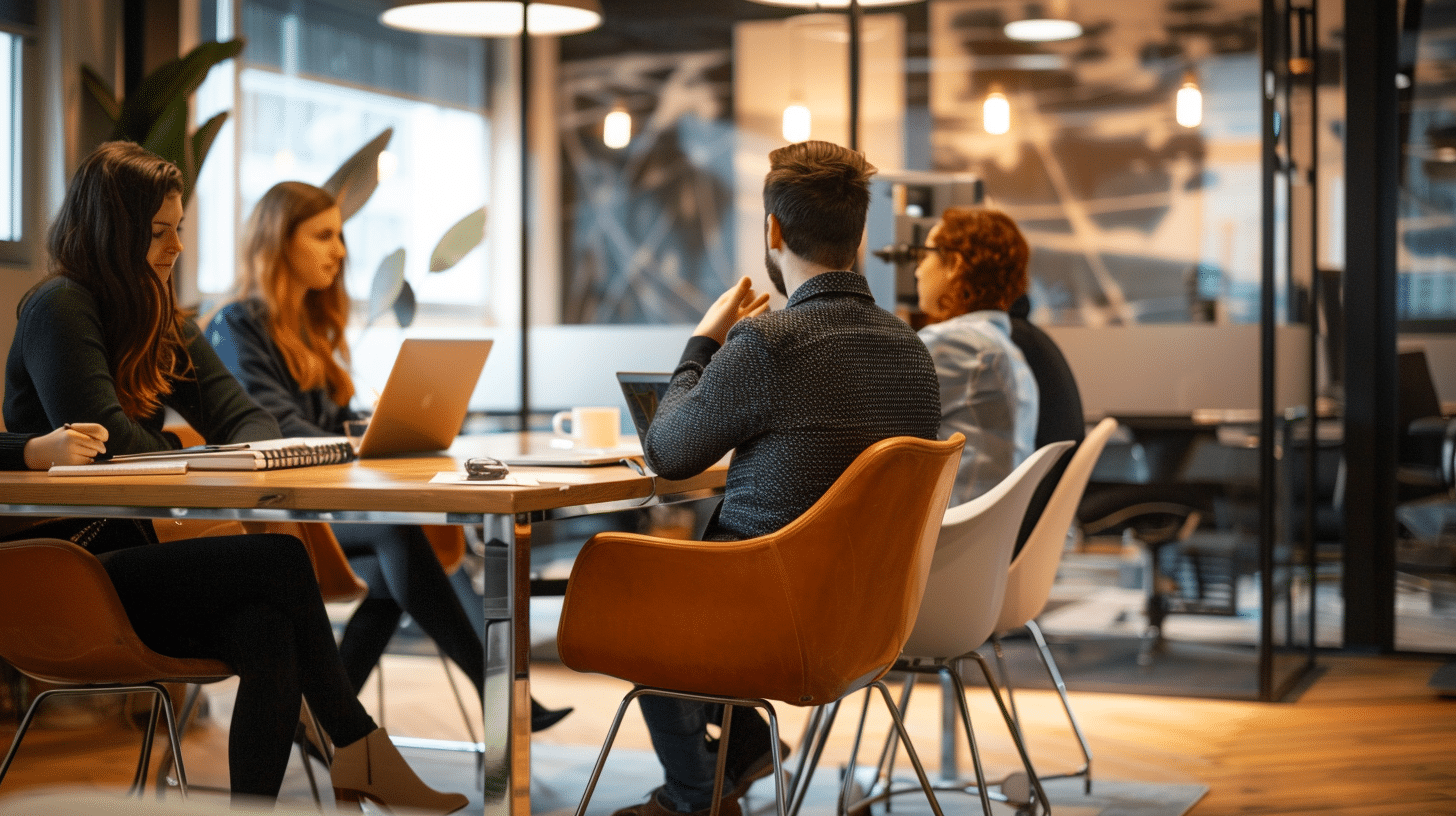 Une photo d'une réunion d'affaires dans un espace de coworking à Luxembourg, avec des professionnels en costume discutant de projets IT.