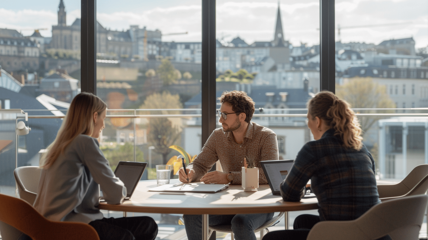 Trois professionnels en réunion dans un bureau moderne avec une vue panoramique sur les toits de la ville de Luxembourg.