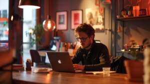 Un consultant freelance travaillant sur un ordinateur portable dans un bureau moderne et chaleureux, éclairé par des lampes suspendues et entouré d'éléments de décoration contemporaine.