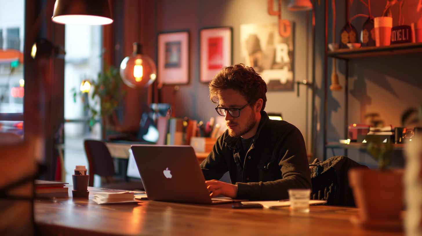 Un consultant freelance travaillant sur un ordinateur portable dans un bureau moderne et chaleureux, éclairé par des lampes suspendues et entouré d'éléments de décoration contemporaine.