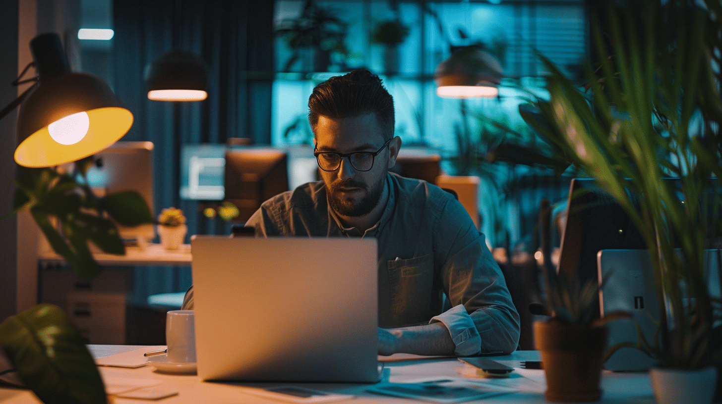 Un homme travaillant tard dans un bureau, concentré sur son ordinateur portable, entouré de plantes et d'une lumière tamisée.