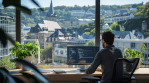 Un informaticien travaillant sur ordinateur avec une vue sur des bâtiments au Luxembourg